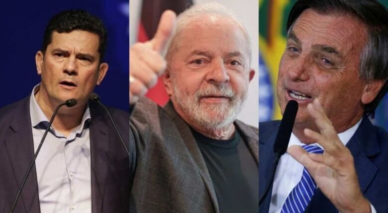 O ex-ministro da Justiça Sérgio Moro (Podemos), o ex-presidente Lula (PT), e o presidente Jair Bolsonaro (PL)